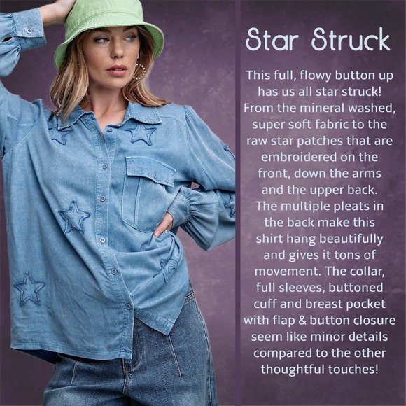EASEL "STAR STRUCK" Embroidered Silk-Like Mineral Wash Button Up, Cuffs, Pockets - Picture 4 of 16